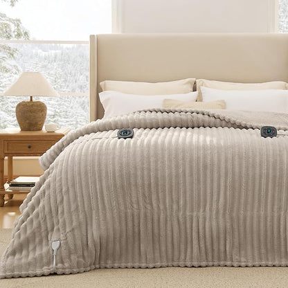 Bedsure Electric Blanket Queen Size - Thick Striped Flannel Electric Blanket with Dual Control, Heating with 10 Heat Settings & 10 Time Settings, 8 hrs Timer Auto Shut Off (84x90 inches, Linen)