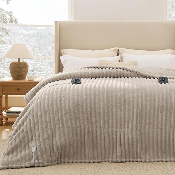 Bedsure Electric Blanket King Size - Thick Striped Flannel Electric Blanket with Dual Control, Heating with 10 Heat Settings & 10 Time Settings, 8 hrs Timer Auto Shut Off (90x100 inches, Linen)