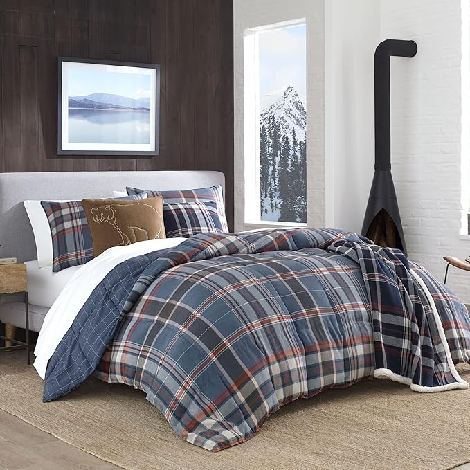 Eddie Bauer - Queen Comforter Set, Reversible Down Alt Bedding with Matching Shams, Luxurious Bedding Set for Colder Months (Shasta Lake Navy, Queen)