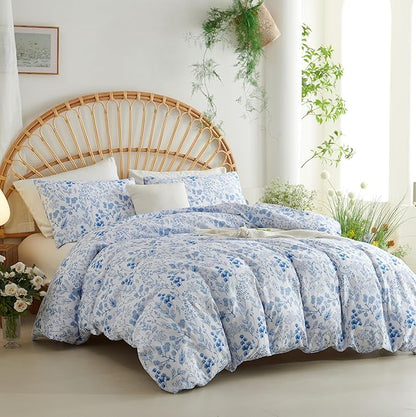 Blue Floral Duvet Cover Full Size Botanical Romantic Flower Bedding Set Kids Girls Women Spring Aesthetic Reversible Leaves Soft Breathable Microfiber Comforter Cover 3Pcs with 2 Pillowcases