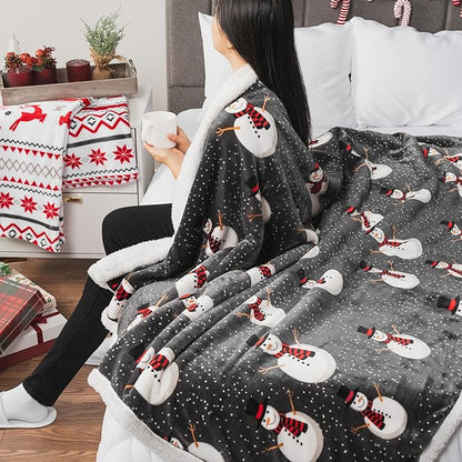 PAVILIA Premium Christmas Sherpa Throw Blanket, 50x60, Grey Snowman Cozy Fleece Holiday Blanket, Reversible Plush Winter Throw for Couch & Bed, Ultra Soft Warm