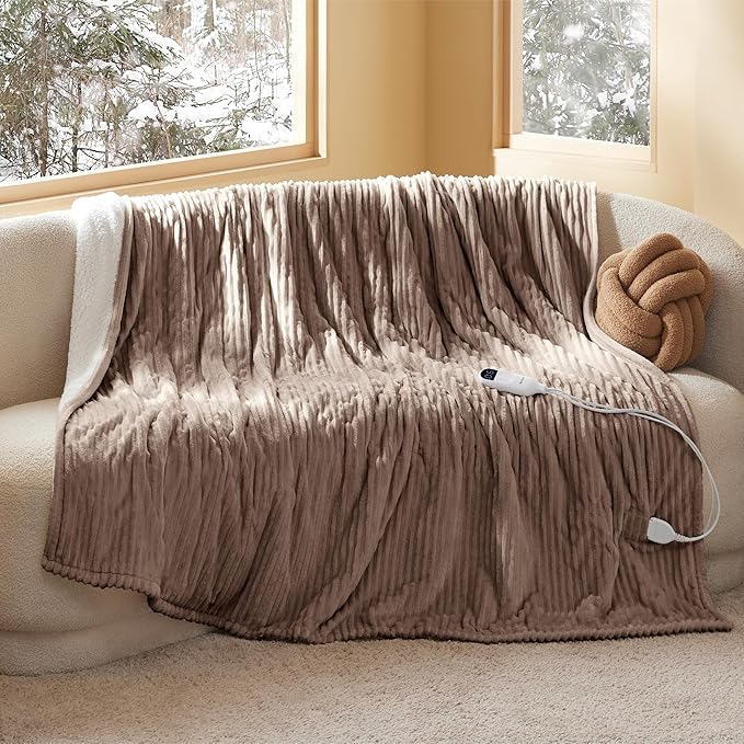 Bedsure GentleSoft Electric Blanket Twin - Soft Ribbed Flannel Heated Blanket, Heating with 10 Time Settings, 6 Heat Settings, and 8 hrs Timer Auto Shut Off, Gifts for Grandma (62x84 inches, Brown)