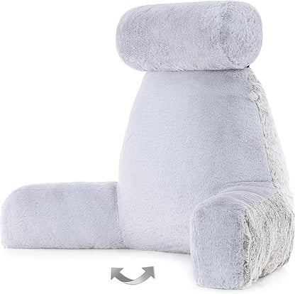 Husband Pillow XXL Rare Baby Arctic Grey Wolf Backrest, Two-Tone Reversible Double Sided Fabulous Faux Fur Reading & Bed Rest Pillow with Arms & Neck Roll, Adjustable Memory Foam - Extremely Comfy