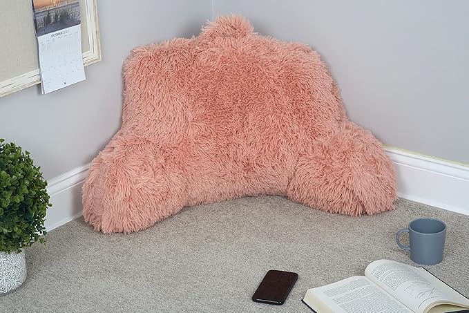 Klear Vu Shaggy Bed Rest Back Support Pillow for Adults, and Kids, Serves as Lumbar and Arm Support While on Bed, Chair, Couch, Sofa and Floor - Large Reading Pillow, 30" x 21", Peach