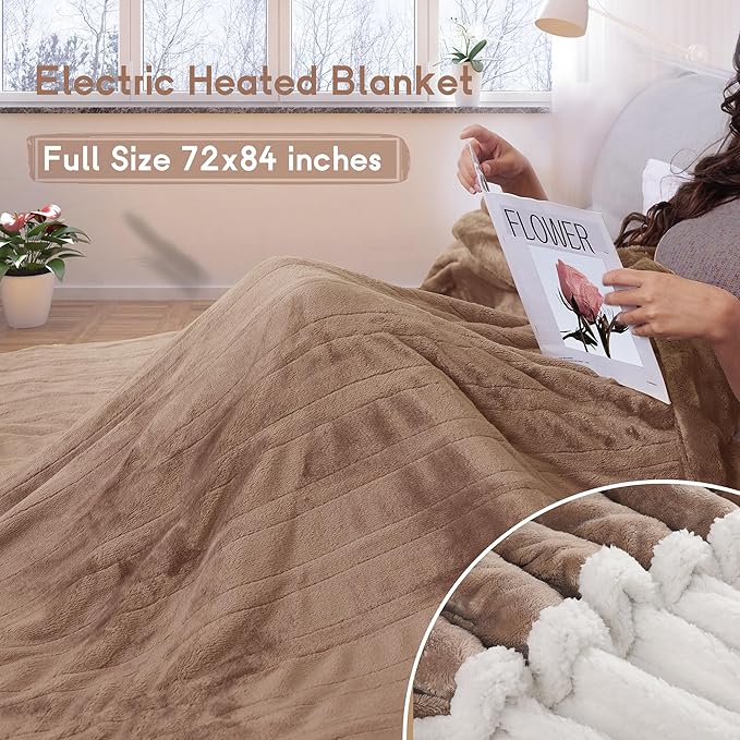 Heated Blanket Electric Blanket Full Size 72''x84'', Soft Flannel Heating Blanket with 1-10 Hour Auto Off - 6 Heat Settings - Machine Washable - Brown