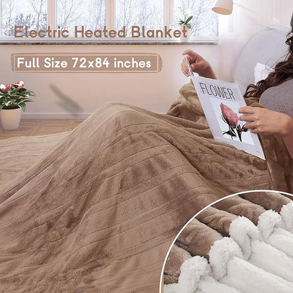 Heated Blanket Electric Blanket Full Size 72''x84'', Soft Flannel Heating Blanket with 1-10 Hour Auto Off - 6 Heat Settings - Machine Washable - Brown