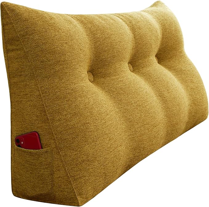 Wedge Headboard Pillow Dorm Room Reading Pillow Back Support for Sitting Up in Bed Bolster Lumbar Cushion Body Positioning Bedrest Cotton Linen 39in Yellow Twin