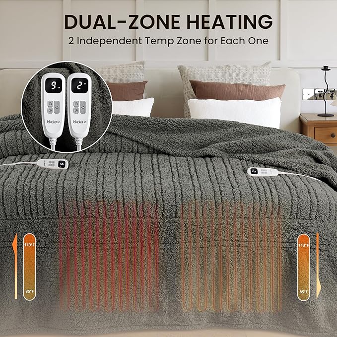 Heated Blanket Electric Blanket King - Fast Heating Blanket Throw Dual Control Double Sided Sherpa with 10 Heating Levels & 2-10 Hours Auto Off, Mashine Washable, 90 x 100 Inches, Grey
