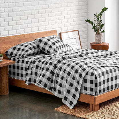 Bare Home Flannel Sheet Set Prints, 100% Cotton, Velvety Soft Heavyweight - Double Brushed Flannel for Extra Softness & Comfort - Deep Pocket - Bed Sheets (Full, Buffalo Plaid - White/Black)
