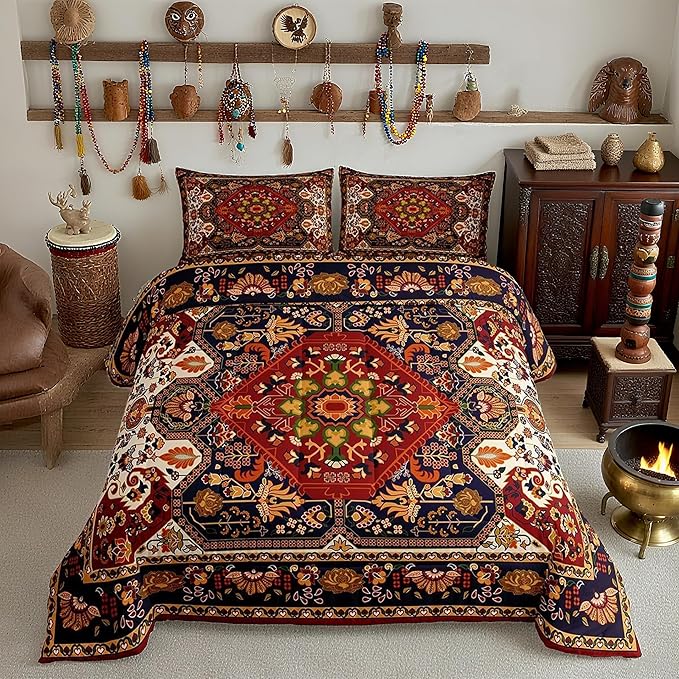 Boho Floral Comforter Set King Size,Vintage Geometric Flowers Pattern Bedding Set 3pcs for Adult Woman Room Decor,Aztec Tribal Colorful Quilt Set Exotic Retro Duvet Insert,2 Pillowcases,Brown