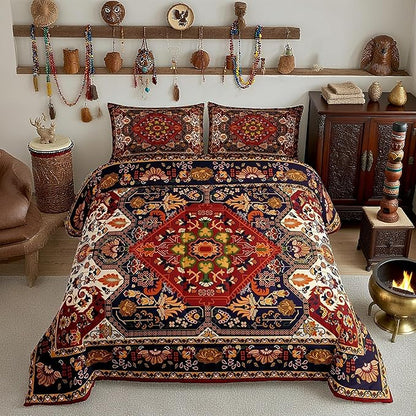 Boho Floral Comforter Set King Size,Vintage Geometric Flowers Pattern Bedding Set 3pcs for Adult Woman Room Decor,Aztec Tribal Colorful Quilt Set Exotic Retro Duvet Insert,2 Pillowcases,Brown
