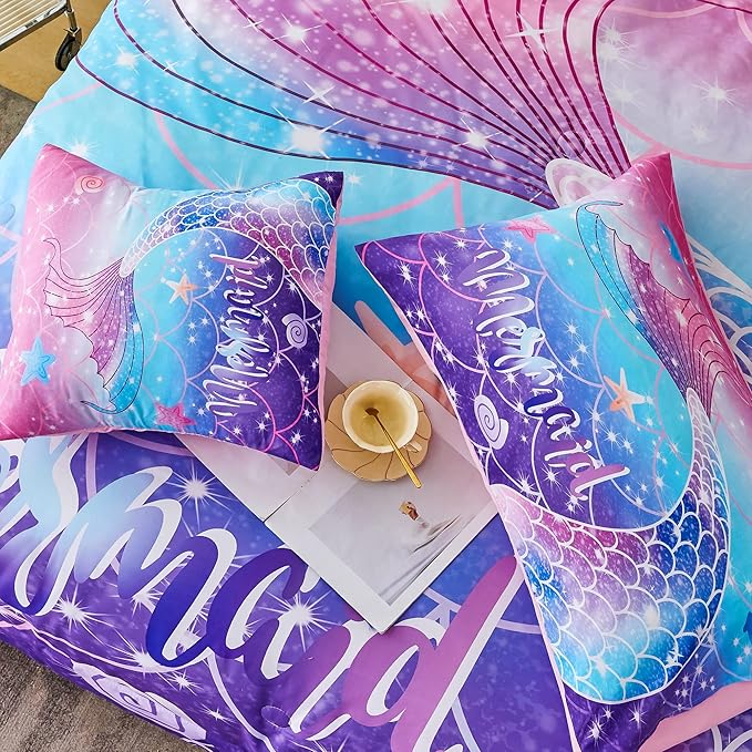 RYNGHIPY Mermaid Comforter Set 6Pcs, Kids Gilrs Bed in a Bag Queen Size, Mermaid Tail Print Teens Girls Bedding Set, Rainbow Bedding Collections