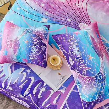 RYNGHIPY Mermaid Comforter Set 6Pcs, Kids Gilrs Bed in a Bag Queen Size, Mermaid Tail Print Teens Girls Bedding Set, Rainbow Bedding Collections