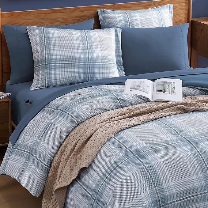 MaiRêve Plaid Twin XL Comforter Set, Light Blue Grid Bedding Set for Boys & Girls, Classic Checkered Bed in A Bag Comforter Sets with Fitted & Flat Sheet, Pillowcase & Sham(Light Blue, 66"x90")