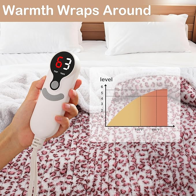 Electric Heated Blanket Full Size 72"×84" with 6 Heating Levels &10Hs Auto Off, Heating Double Sided Plush Sherpa, Fast Heating, Machine Washable for Christmas Gift Leopard Print Pink & White