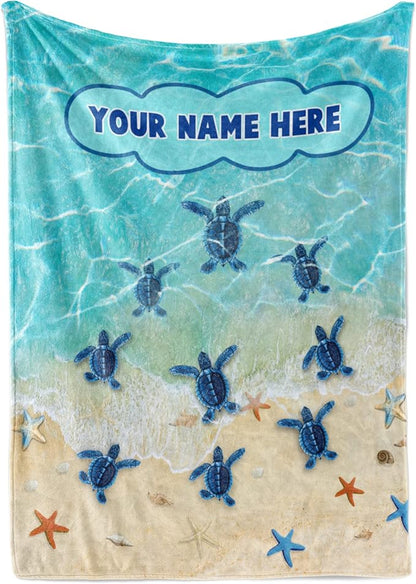 Custom Sea Turtles Blanket Gift | Custom Blanket for Girls and Boys | Plush Fleece Throw Blanket for Kids | Turtle Gifts for Birthdays | Sea Turtles Beach Nautical Theme (60x80, Fleece)