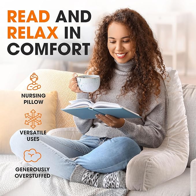 Cheer Collection Reading Pillow with Arms – Portable Bed Pillow for Sitting Up & Support, Foam-Filled Back Rest Pillow for Sitting in Bed & Couch, Machine Washable Ivory (Large)
