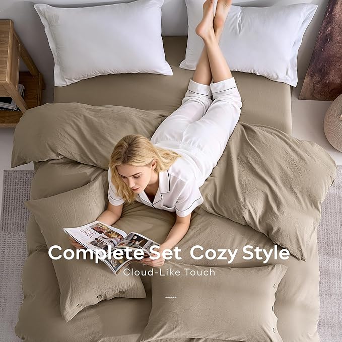 JELLYMONI 100% Washed Cotton Duvet Cover Queen – Soft, Breathable Linen-Look Bedding with Natural Wrinkle Texture, Button Closure, 3-Piece Set (Dusty Khaki, 90"x90")