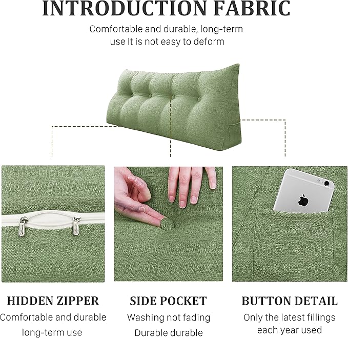 Wedge Headboard Pillow Dorm Room Reading Pillow Back Support for Sitting Up in Bed Bolster Lumbar Cushion Body Positioning Bedrest Cotton Linen 54in Grass Green Full
