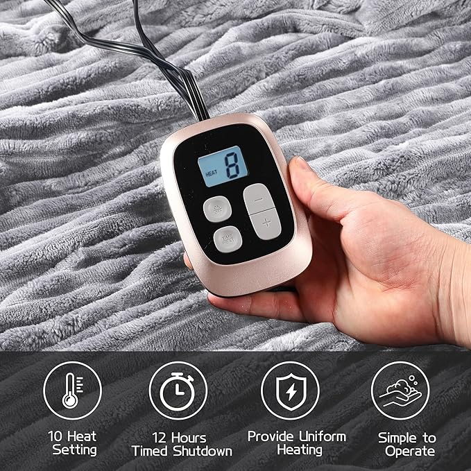 Electric Heated Blanket Full-Size 72x84 Inch - Ultra Soft Silky Flannel with Ribbed Texture, 10 Heating Levels and 12 Hours Auto-Off Feature - Grey