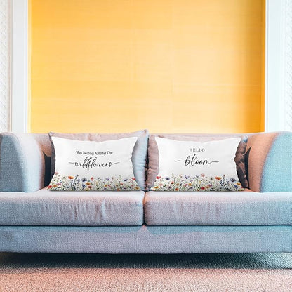 Inspirational Spring Wildflower Pillow Covers 12x20 Set of 2, Hello Bloom Floral Decorative Lumbar Pillow Covers for Baby Girls Nursery Room Bedroom Dorm