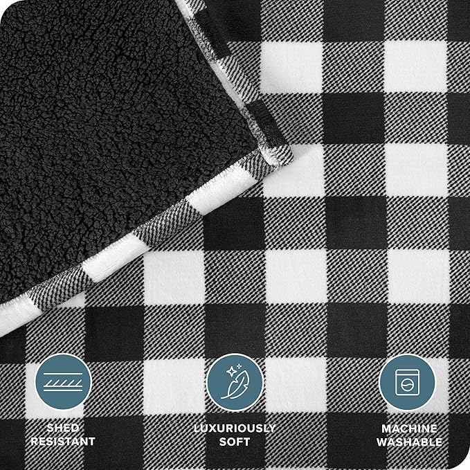 Bare Home Sherpa Fleece Blanket - Twin/Twin Extra Long - Blanket for Bed, Sofa, and Couch - Warm & Lightweight - Fluffy & Soft - Reversible (Twin/Twin XL, Buffalo Plaid - White/Black)