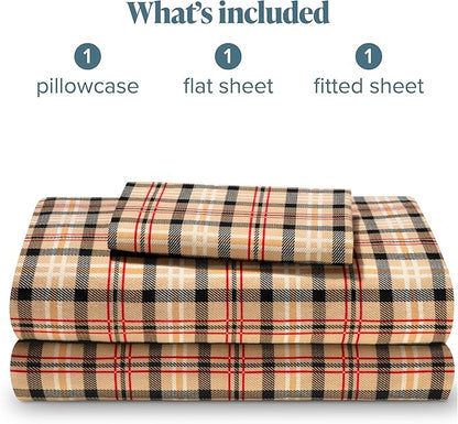 Bare Home Flannel Sheet Set Prints, 100% Cotton, Velvety Soft Heavyweight - Double Brushed Flannel for Extra Softness & Comfort - Deep Pocket - Bed Sheets (Twin, Red Lodge Plaid)