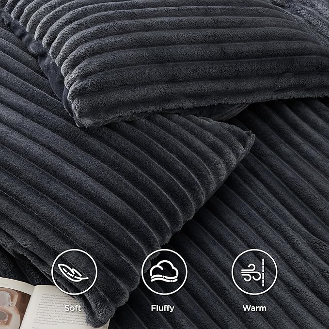 Bedsure Fluffy Duvet Cover Set - Ultra Soft Plush Shaggy Comforter Cover King Size, Warm Flannel Fleece Bed Sets for Winter, 3 Pieces (Striped Pattern, Dark Grey)