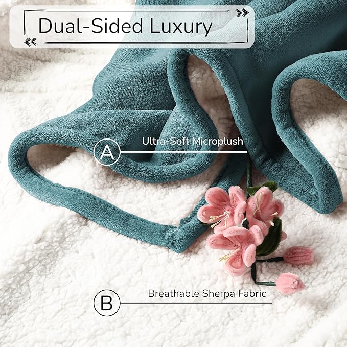Electric Heated Blanket King Size 90"x100" - Dual-Sided with Microplush & Sherpa Fabric, 4 Heat Settings & 10 Hours Auto Off, Dual Controller, Machine Washable - Teal Green