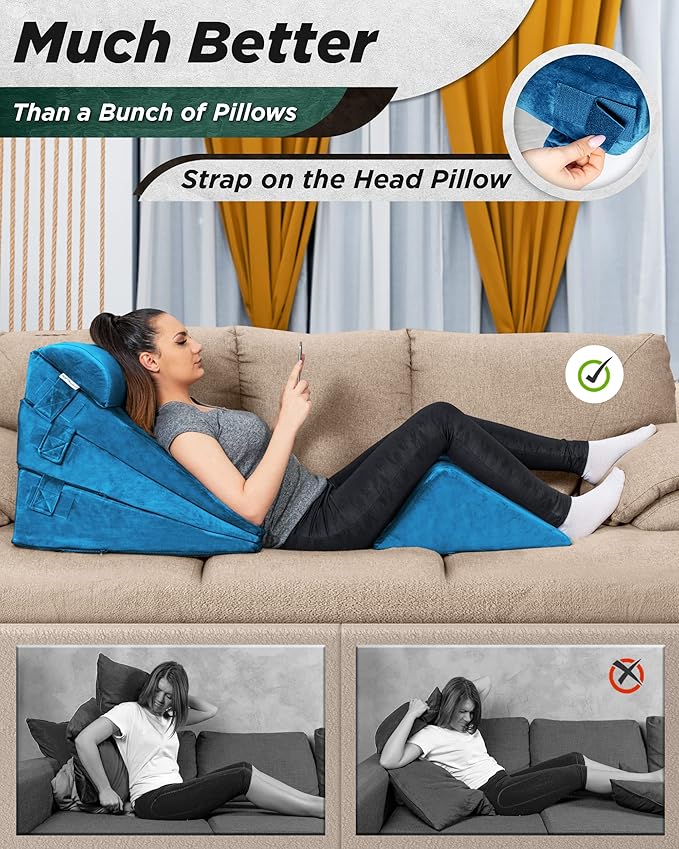 Lunix 5pcs Orthopedic Bed Wedge Pillow Set for Sleeping – Adjustable Post Surgery Back, Leg & Knee Support, Acid Reflux & GERD Relief, Memory Foam Head Pillows, with Hot/Cold Pack, Blue
