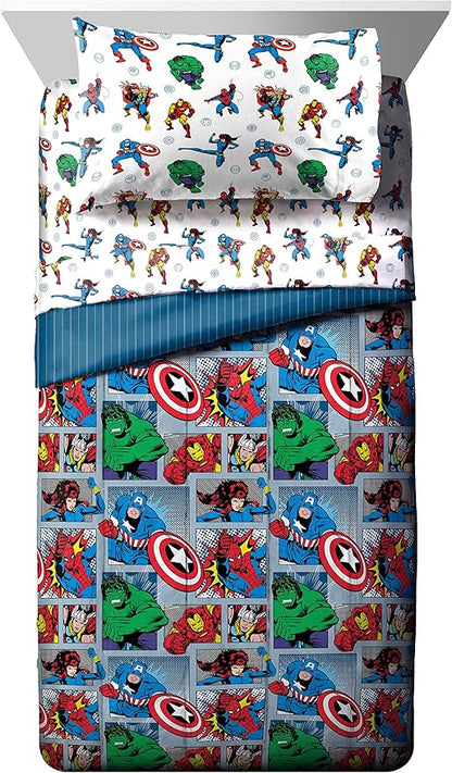 Jay Franco Marvel Avengers Fighting Team 5 Piece Full Bed Set - Includes Reversible Comforter & Sheet Set Bedding - Super Soft Fade Resistant Microfiber (Official Marvel Product)