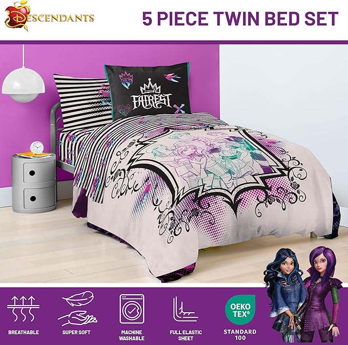 Jay Franco Kids Comforter Set Includes Sheets and Pillow Cover - Soft and Cozy Bed Set for Stylish Room Décor, Multi - Descendants, 5 Piece Twin