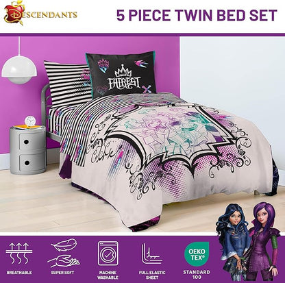 Jay Franco Kids Comforter Set Includes Sheets and Pillow Cover - Soft and Cozy Bed Set for Stylish Room Décor, Multi - Descendants, 5 Piece Twin