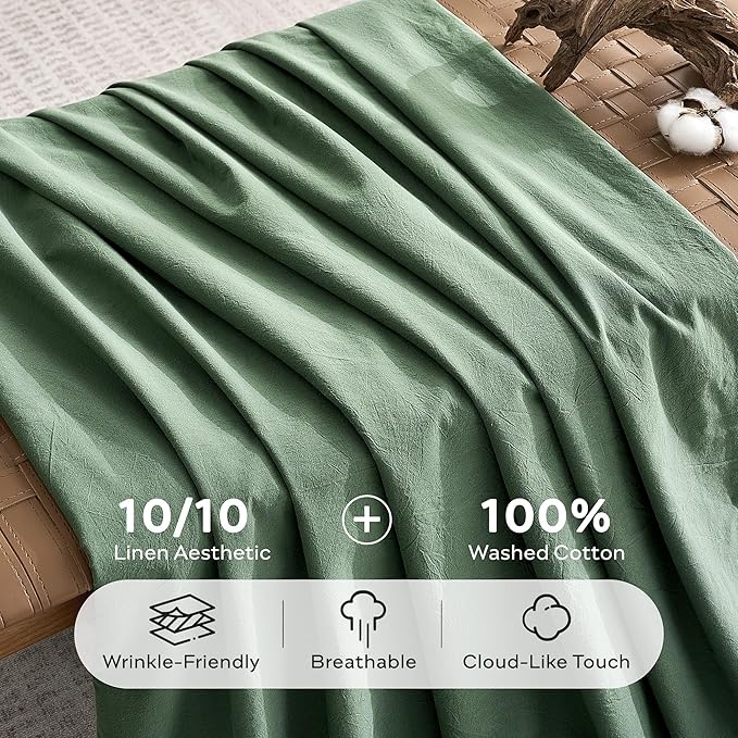 JELLYMONI 100% Washed Cotton Duvet Cover Twin – Soft, Breathable Linen-Look Bedding with Natural Wrinkle Texture, Button Closure, 3-Piece Set (Dusty Green, 68"x90")
