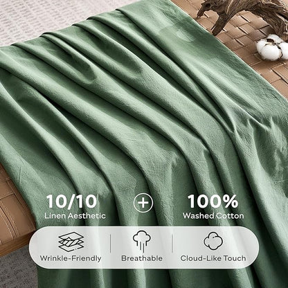 JELLYMONI 100% Washed Cotton Duvet Cover King – Soft, Breathable Linen-Look Bedding with Natural Wrinkle Texture, Button Closure, 3-Piece Set (Dusty Green, 104"x90")