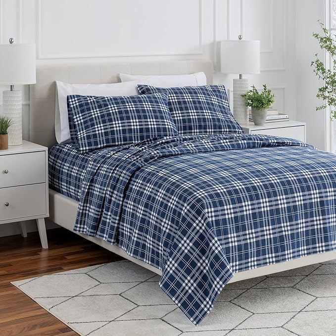 Bare Home Flannel Sheet Set Prints, 100% Cotton, Velvety Soft Heavyweight - Double Brushed Flannel for Extra Softness & Comfort - Deep Pocket - Bed Sheets (Full, Stirling Plaid - Blue/White)