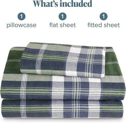 Bare Home Cotton Flannel Sheet Set Prints, 100% Cotton, Velvety Soft Heavyweight - Double Brushed for Softness & Comfort - Deep Pocket - Bed Sheets (Twin XL, Enchanted Plaid - Green)