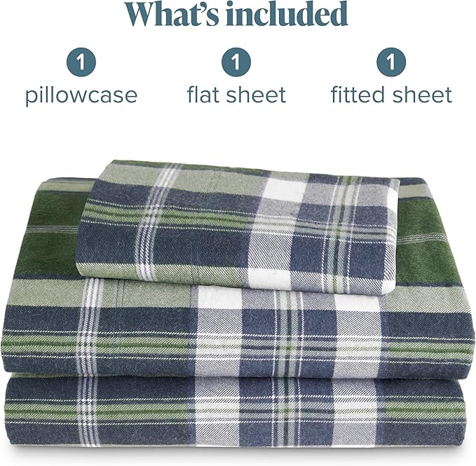 Bare Home Cotton Flannel Sheet Set Prints, 100% Cotton, Velvety Soft Heavyweight - Double Brushed for Softness & Comfort - Deep Pocket - Bed Sheets (Twin, Enchanted Plaid - Green)