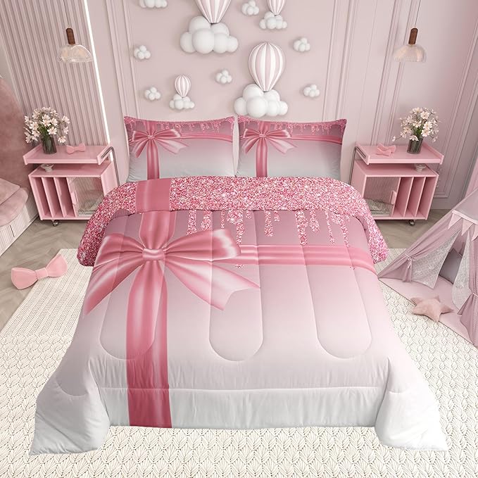 Girls Pink Bowknot Twin Size Comforter Set,Kids Pink Glitter Diamond Decor All Season Bedding Set,Teens Bling Party Comforter,Children Luxury Decor Quilt Bedroom Collection 2Pcs