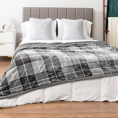 Pavilion Light Grey Plaid Sherpa Throw Blanket for Couch Twin, Plush Flannel Fleece Throws, Soft Fuzzy Cabin Blanket for Sofa Bed, Warm Cozy Winter Gift, 60x80