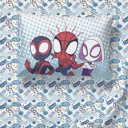 Jay Franco Kids Comforter Set Includes Sheets and Pillow Covers - Soft and Cozy Bed Set for Stylish Room Decor, Light Blue - Spidey & His Amazing Friends, 4 Piece Toddler