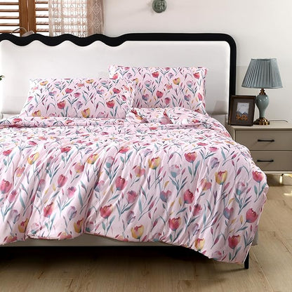SDIII Pink Floral Queen Comforter Set 3 Pieces, Silky Breathable Microfiber and Spandex, Pink Floral Bedding Queen for Girls Boys Kids and Teens