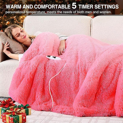 Heated Electric Blanket Twin,Warm Winter Birthday Gifts for Women Her Grandma–Faux Fur with Soft Sherpa,10 Heat Settings,5 Time Settings with Fast Heating, 62x84, Baby Pink