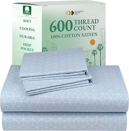 California Design Den Queen Size Sheet Set - 100% Cotton, 600 Thread Count, Deep Pocket Queen Sheets, Premium-Feel Bedding with Sateen Weave - Print - Geo Urban