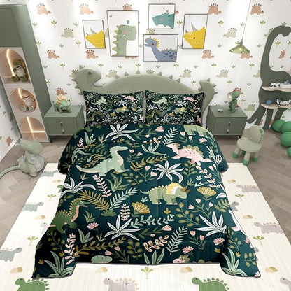 Cute Dinosaur Comforter Set King Size,Kids Cartoon Dino Kawaii Animal Bedding Set All Season Quilt Set,Green Pink Leaves Plant Botanical Microfiber Polyester Down Comforter