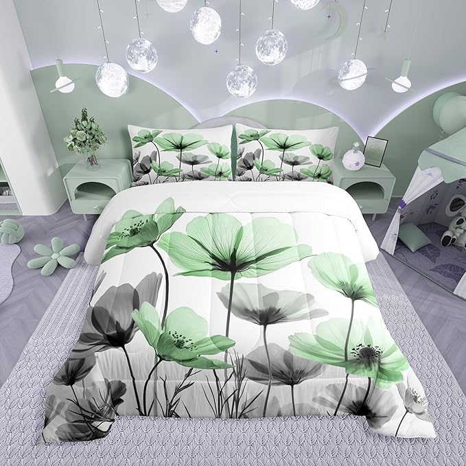 Erosebridal Green Floral King Comforter Set,Green and Gray Flower Bedding Sets for Kids Girls Women,Vintage Flowers Country Bed Set,Boho Wildflower Room Decor with 2 Pillowcases,Breathable