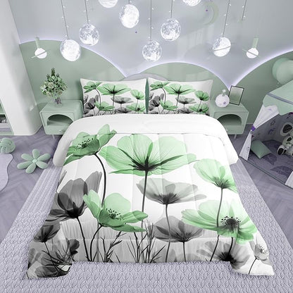 Erosebridal Green Floral Toddler Bedding Set,Green and Grey Flower Comforter Sets for Kids Girls,Vintage Flowers Country Quilt,Boho Wildflower Bedroom Decor with 1 Pillowcase,Breathable