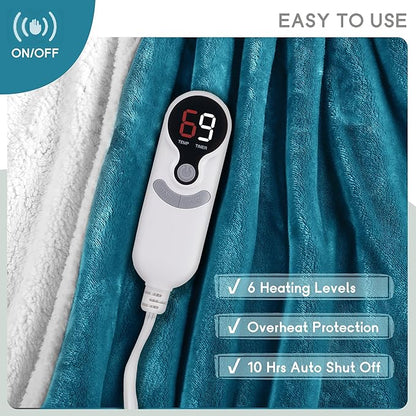 Electric Heated Blanket Full Size 72×84 inches, Cozy Plush Flannel,10 Hrs Auto Shut Off, 6 Heating Levels, Overheated Protection,Dark Green