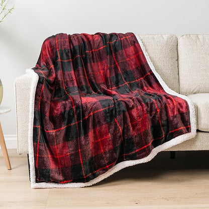 Pavilia Red Plaid Sherpa Throw for Twin, Plush Flannel Fleece Blanket and Throws, Soft Fuzzy Cabin Blanket for Sofa Bed, Warm Cozy Winter Gift, 60x80