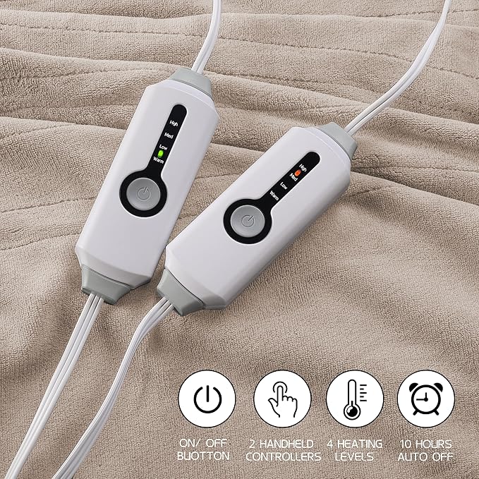 Electric Heated Blanket 84"x90" Queen Size, Soft Coral Fleece, Dual Controllers with 4 Heating Levels and 10 Hours Auto-Off, Machine Washable, Cozy Plush Fabric for Home, Light Brown